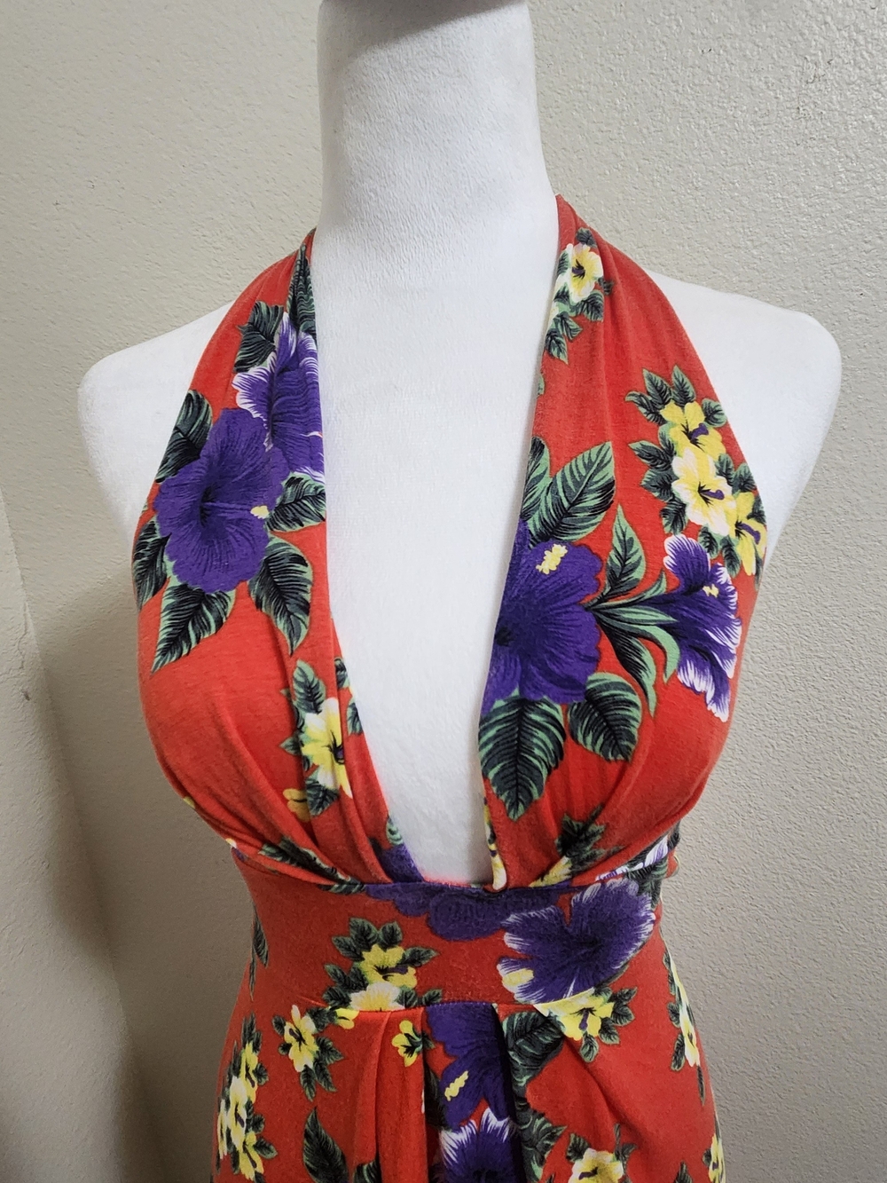 💐VTG Free People Red Tropical Floral Halter Hawaiian Dress Size S Boho Beach - Picture 3 of 16
